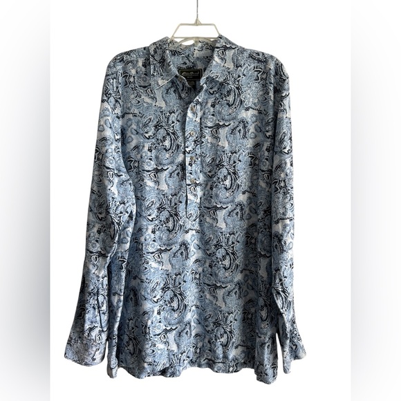 Eddie Bauer men’s cotton linen blend blue Paisley print half button. Size tall L - Picture 1 of 9